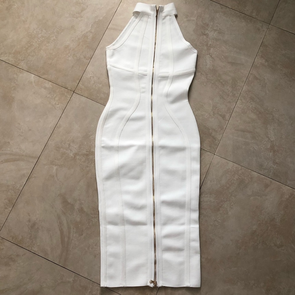 White Classy Sexy Midi Bodycon High Neck Dress - Picture 5 of 7